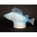 A Rene Lalique Blue Stained Opalescent Glass Perche Car Mascot, engraved mark between fins, 16cm