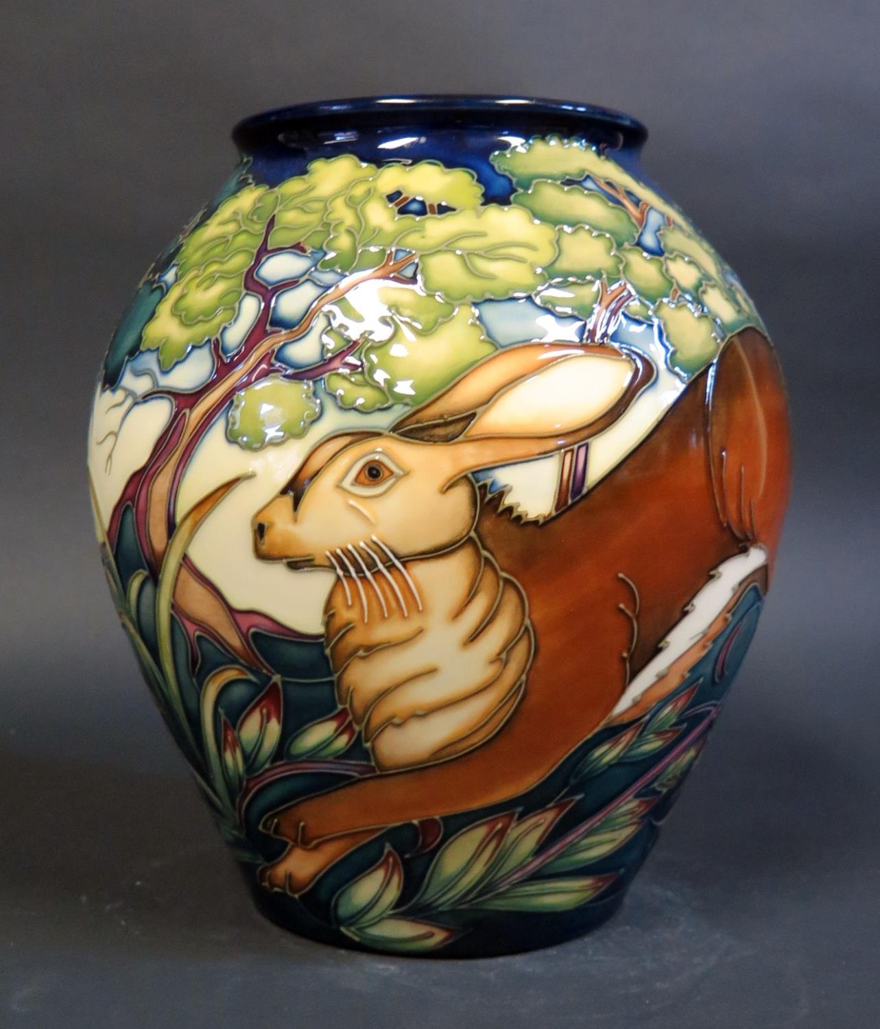 A Modern Moorcroft Trial Vase Decorated with Running Hares, dated 25.11.02 and marked MASTER, 21cm