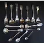 A Collection of Georgian and later Silver Salt Spoons including Exeter James Osmont, 193g