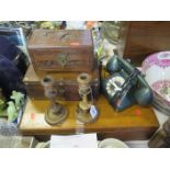 A Victorian Rosewood and Mother of Pearl Inlaid Box, pair of olivewood candlesticks, oak canteen