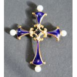 A 14K Yellow Gold and Royal Blue Enamel Cross Pendant set with central sapphire, diamonds and