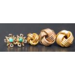 A Pair of 9ct Gold and Turquoise Stud Earrings (10mm spread), pair of 9ct gold knot earrings 9ct