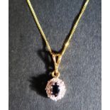 A 9ct Gold, Sapphire and Diamond Pendant on chain, pendant c. 18mm drop, 1.7g