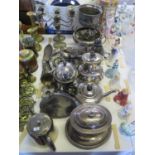 A Selection of Silver Plated Hollow Ware including biscuit barrel, stemmed bowls, egg kettle, pair