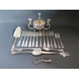 A Norwegian Silver Slice (78g), plated flatware and three candle rose bowl