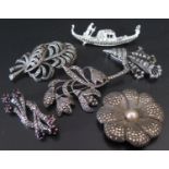 Five Silver and White Metal Marcasite Brooches
