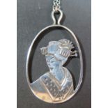 A Modern Cased Sterling Silver Pendant on chain, decorated with a Geisha, 45mm, 10.4g