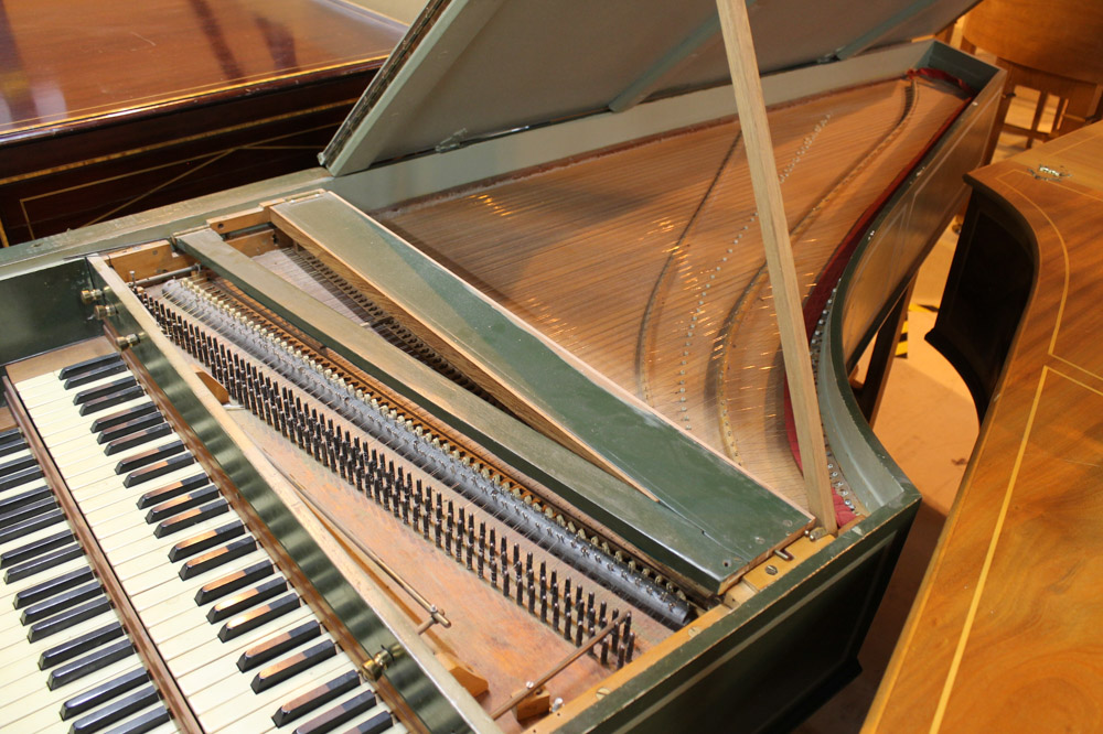 Double Manual Harpsichord A Double manual harpsichord in a green painted case on a trestle base. - Image 2 of 4