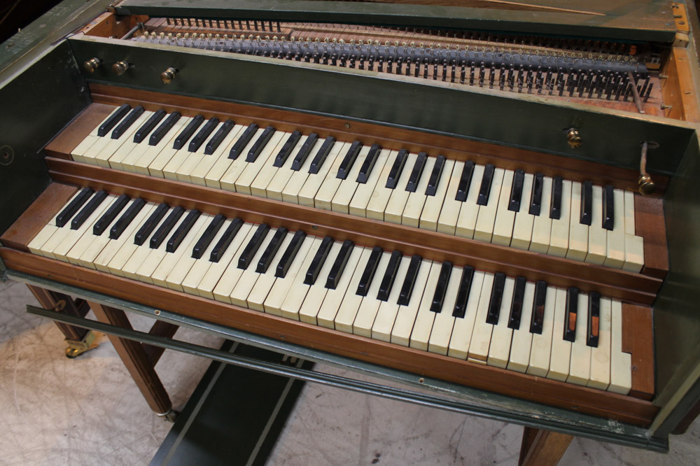 Double Manual Harpsichord A Double manual harpsichord in a green painted case on a trestle base. - Image 3 of 4