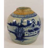 A Chinese blue and white ginger jar, decorated with a lake scene and fisherman, lid lacking, 15.