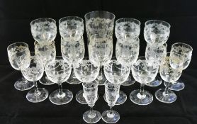 A part suite of 20 Edwardian acid etched glasses,