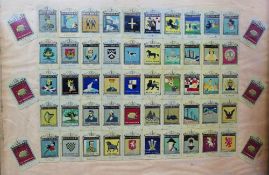 A framed set of 50 tin 'Whitbread Inn Signs' cards,