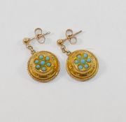 A pair of Victorian style gold and turquoise set drop earrings, Birmingham 1966,