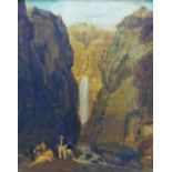 19th Century British Figures in front of a waterfall Oil on board Unsigned 24cm x 19cm