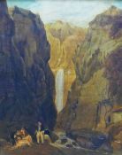 19th Century British Figures in front of a waterfall Oil on board Unsigned 24cm x 19cm