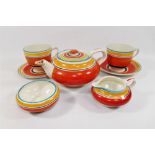 A Grays Pottery hand painted part teaset, designed by Susie Cooper, with banded decoration,
