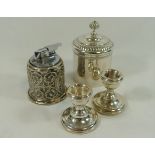 A Spanish silver coloured metal lidded pot, by J Perez, liner lacking, 11.5cm high, 3.84ozt, 119.