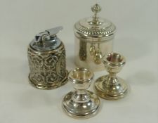 A Spanish silver coloured metal lidded pot, by J Perez, liner lacking, 11.5cm high, 3.84ozt, 119.