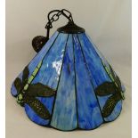 A lead light glass ceiling light shade by Tiffany Lamps, with dragonfly panels,