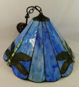 A lead light glass ceiling light shade by Tiffany Lamps, with dragonfly panels,