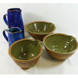 Five items of Studio pottery, comprised of two blue glazed stoneware jugs, 24.5cm high and 14.