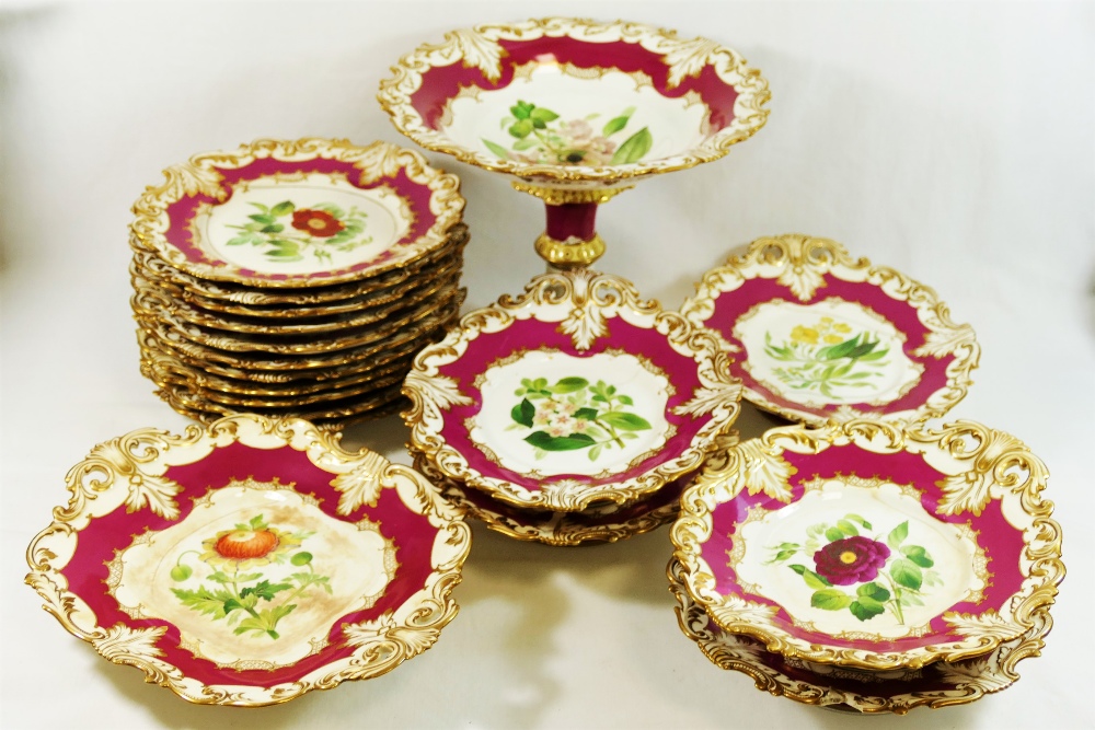 A mid 19th century Ridgway porcelain dessert service, hand painted with flowers,