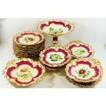 A mid 19th century Ridgway porcelain dessert service, hand painted with flowers,