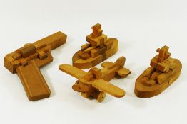 Four post war Japanese vintage Kumiki wooden 3-D puzzles comprised of two ships, 10.