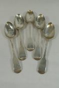 Five George IV silver fiddle pattern dessert spoons, London 1829 by William Bateman II,
