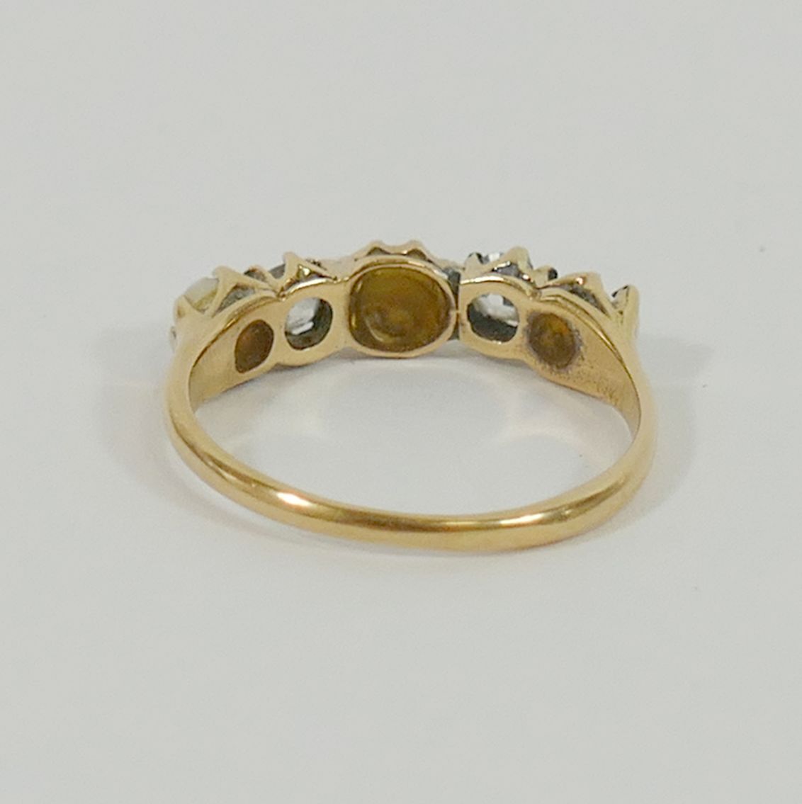 A yellow metal pearl and diamond five-stone ring, the two old cut diamonds approximately 0. - Image 4 of 4