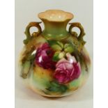 A Royal Worcester two-handled vase, hand painted with roses, signed A Food, with gilt detail,