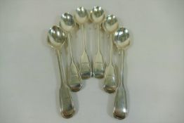 A set of six Victorian silver fiddle and thread pattern egg spoons, London 1854,