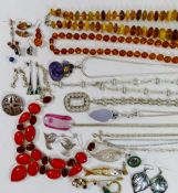 Assorted mainly 20th century costume jewellery, including silver items, amber jewellery,