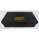 A tin box with brass plaque inscribed 'HHR White Esq, Kings Royal Rifles',