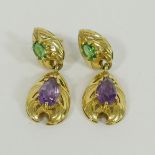 A pair of yellow metal amethyst and green tourmaline drop earrings,