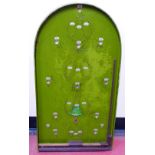 Two 1950s Corinthian bagatelle boards, one green the other unpainted, 76cm long,