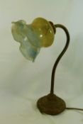 A brass desk lamp, with opaque etched glass shade, 37.