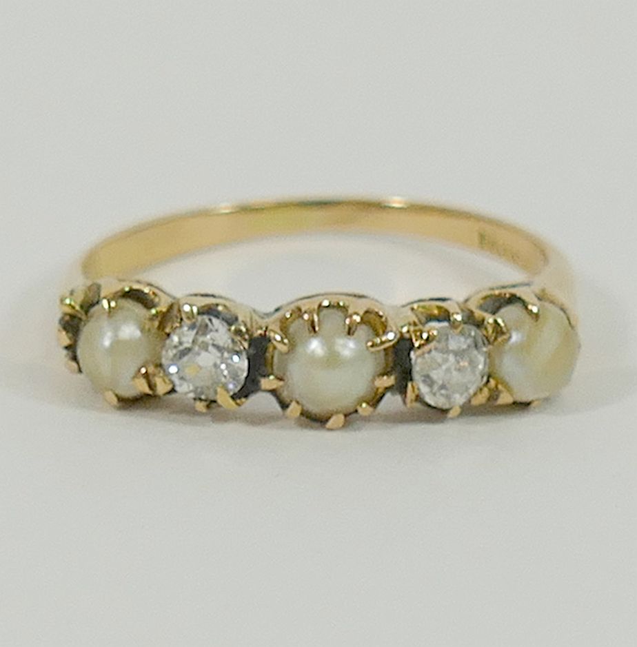 A yellow metal pearl and diamond five-stone ring, the two old cut diamonds approximately 0. - Image 3 of 4