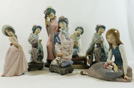 Seven Lladro porcelain figures, four of Geisha girls, the tallest 29cm high,