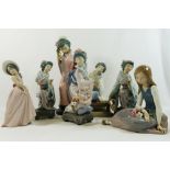 Seven Lladro porcelain figures, four of Geisha girls, the tallest 29cm high,