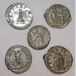 Five Roman silver coins including examples from the reigns of Septimus Severus,