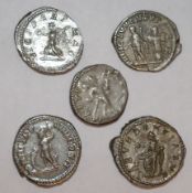 Five Roman silver coins including examples from the reigns of Septimus Severus,