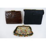 Three vintage handbags and purses, including a simulated crocodile skin leather bag, 16cm x 19cm,