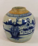 A Chinese blue and white ginger jar, decorated with a lake scene and fisherman, lid lacking, 15.