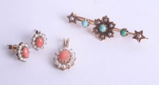 A turquoise and pearl bar brooch and a coral and pearl pendant and pair of matching earrings.