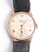 A 1950's gents J.W. Benson 9ct wristwatch, the dial with chapter ring and sub seconds with