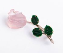A rose quartz and hardstone rose brooch set in white and yellow metal length 55mm, Provenance,