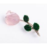 A rose quartz and hardstone rose brooch set in white and yellow metal length 55mm, Provenance,