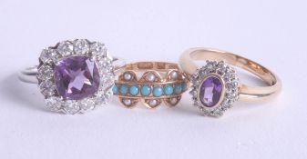 Two 9ct dress rings and 15ct turquoise and pearl set ring (3)