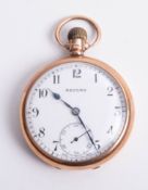 Record, a 9ct open face and keyless pocket watch with Arabic numerals and sub second dial together